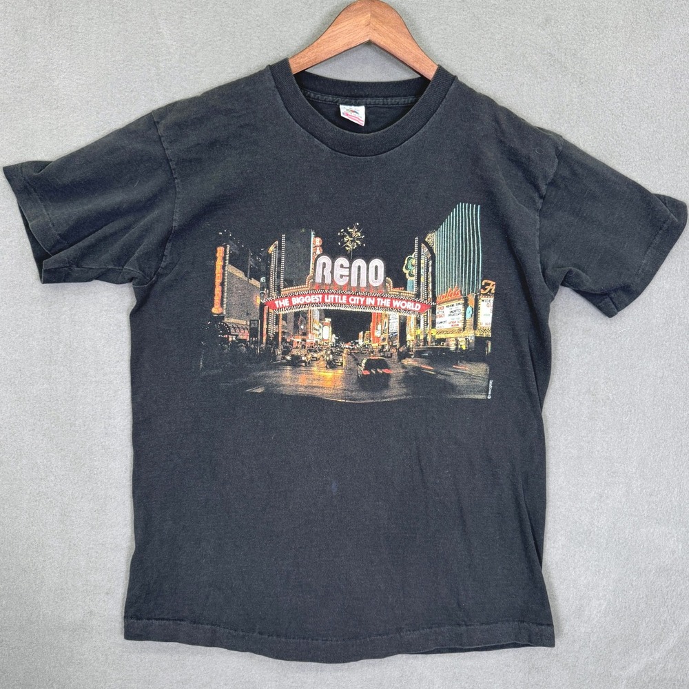 Vintage Reno Nevada Shirt Men L Black Single Stitch USA Neon Arch Fruit of Loom